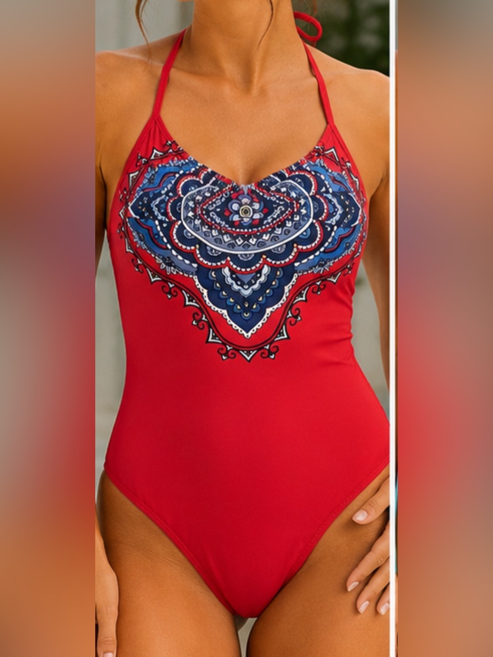 Aqua Rose by La Vie en Rose Red Mandala Halter One Piece Swimsuit Size Large - Picture 2 of 8